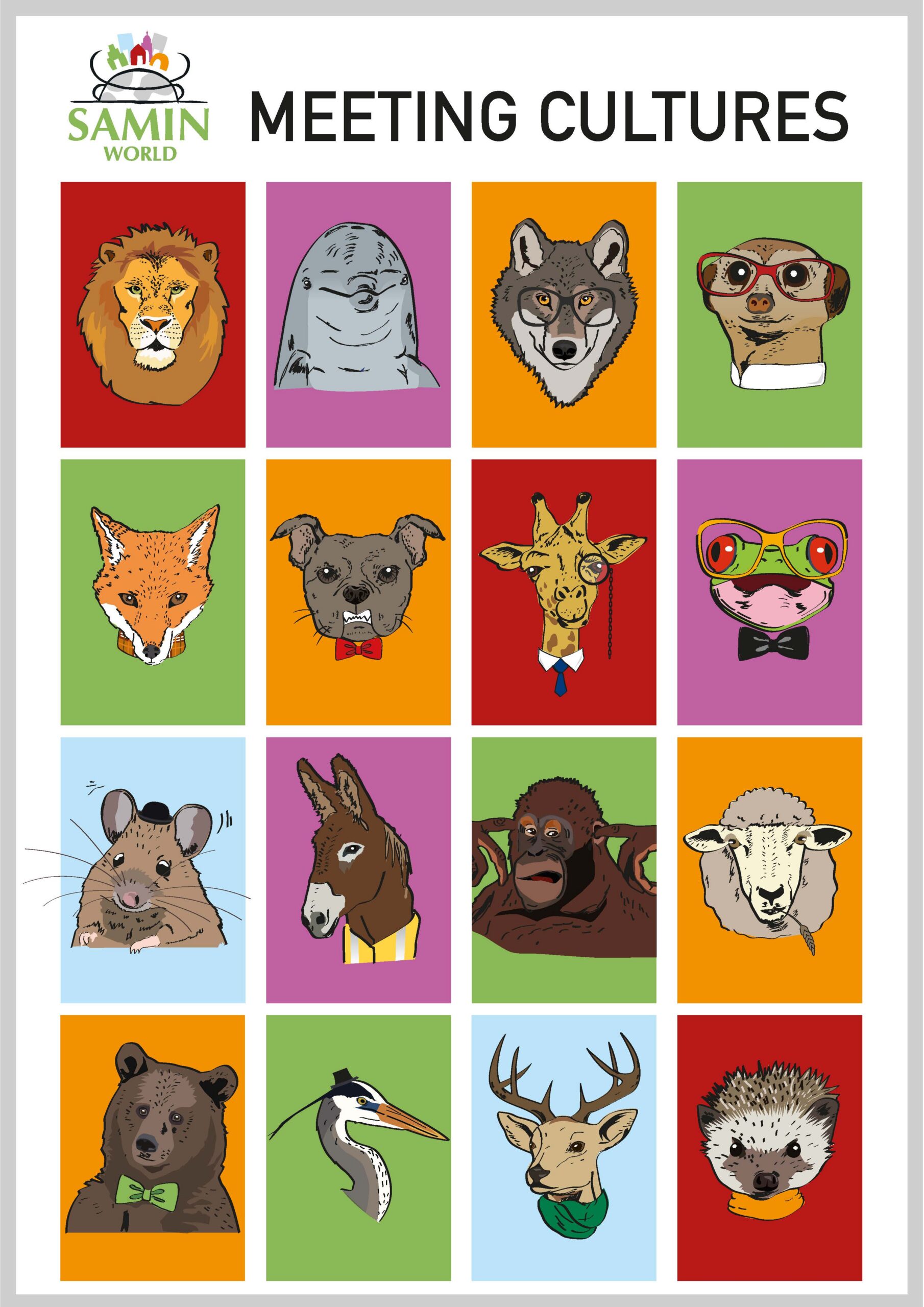 Die andere Seite im Poster "Meeting Cultures" mit 16 illustrierten Tiermetaphern und Zuschreibungen wie zum Beispiel kraftvoll, streitend, hektisch, schüchtern